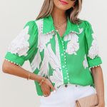 Green Floral Ric Rac Edge Puff Sleeve Button Up Summer Shirt