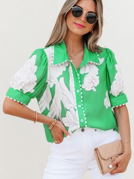 Green Floral Ric Rac Edge Puff Sleeve Button Up Summer Shirt
