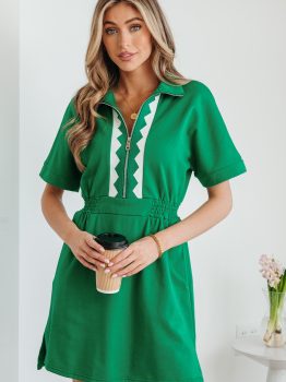 Bright Green Contrast Patchwork Half Zip Elastic Waist Short Sleeve Mini Dress