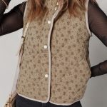 Khaki Floral Print Quilted Concealed Button Vest