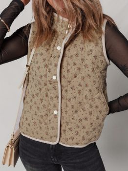Khaki Floral Print Quilted Concealed Button Vest