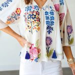 White Floral Print Tassel Tie Bracelet Sleeve Flowy Blouse