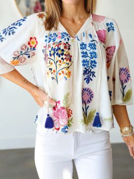 White Floral Print Tassel Tie Bracelet Sleeve Flowy Blouse