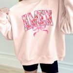 Apricot Pink AMEN Floral Bow Printed Mock Neck Sweatshirt