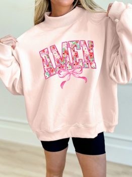 Apricot Pink AMEN Floral Bow Printed Mock Neck Sweatshirt