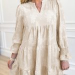 Parchment Long Sleeve Notched Neck Jacquard Tiered Mini Dress