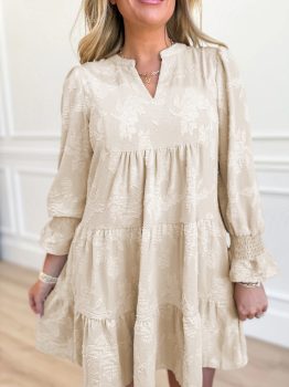 Parchment Long Sleeve Notched Neck Jacquard Tiered Mini Dress