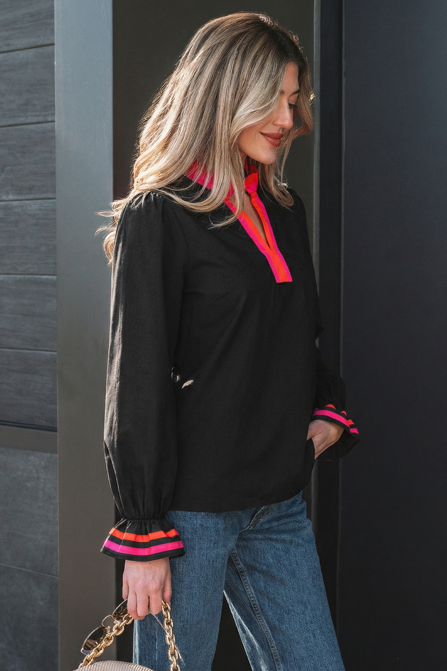 Black Striped Trim Ruffle Split Neck Long Sleeve Blouse - Image 3
