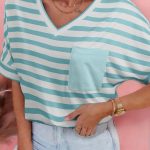 Sky Blue Stripe V Neck Patched Pocket Casual T Shirt