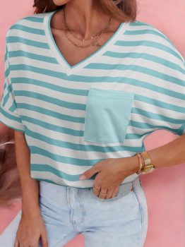 Sky Blue Stripe V Neck Patched Pocket Casual T Shirt