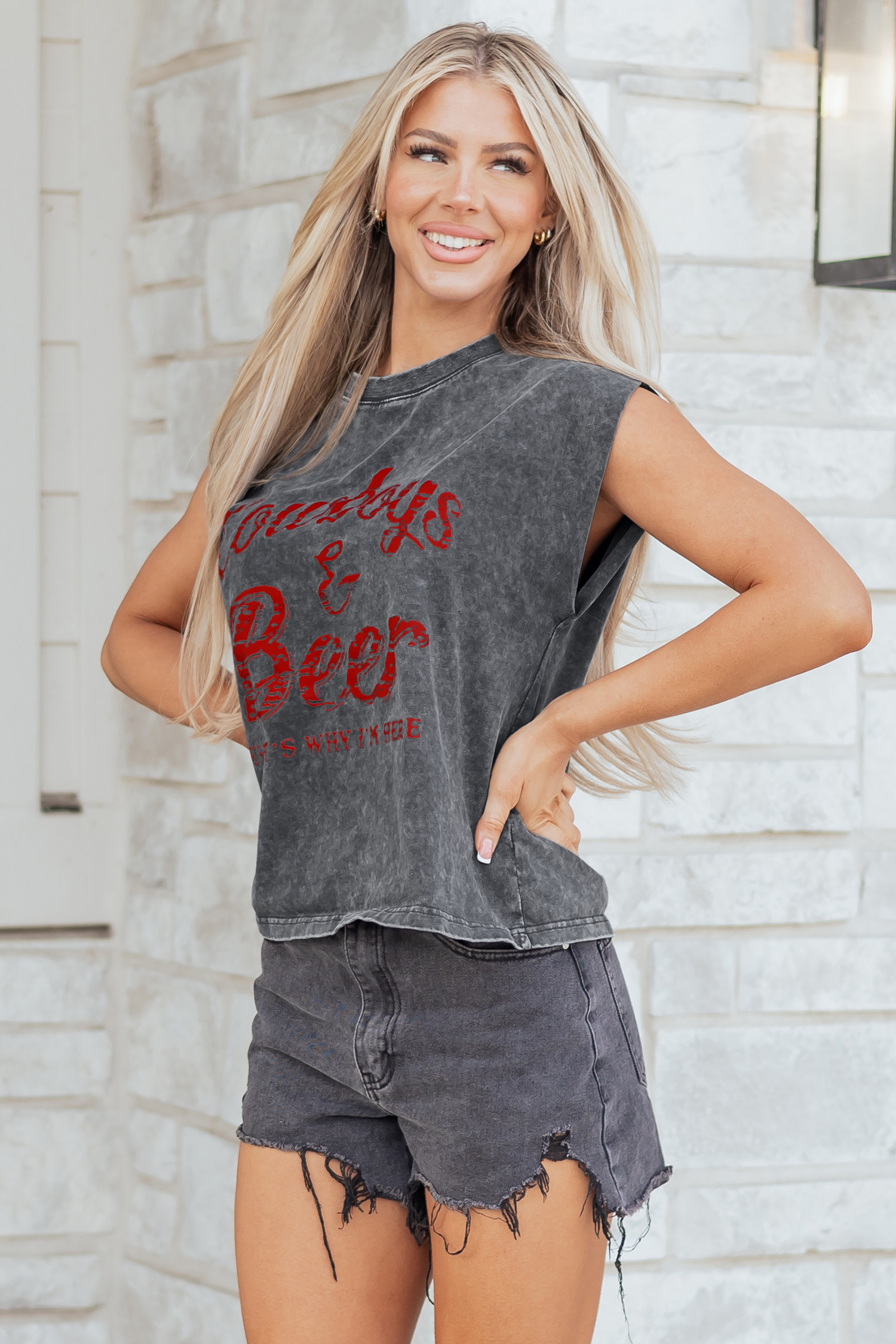 Sleet Cowboy & Beer Western Graphic Mineral Wash Tank Top - Image 4