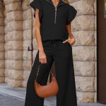 Black Textured Ruffled Sleeve Zipped Top and Wide Leg Pants Set