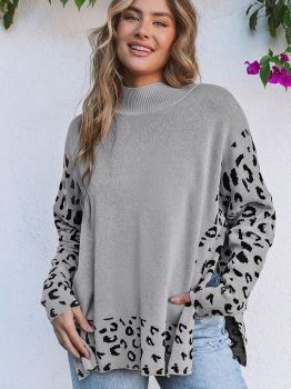 Gray Leopard High Neck Side Slit Oversized Sweater
