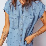 Beau Blue Star Allover Print Double Chest Pocket Short Sleeve Denim Shirt