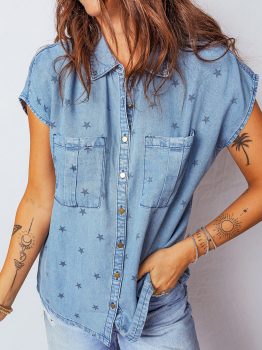 Beau Blue Star Allover Print Double Chest Pocket Short Sleeve Denim Shirt