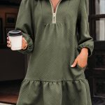 Dearlove Jungle Green Quarter Zip Collar Bracelet Sleeve Textured Mini Dress