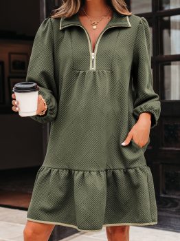 Dearlove Jungle Green Quarter Zip Collar Bracelet Sleeve Textured Mini Dress
