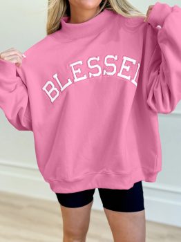 Bright Pink Oversize Blessed Embroidered Mock Neck Sweatshirt