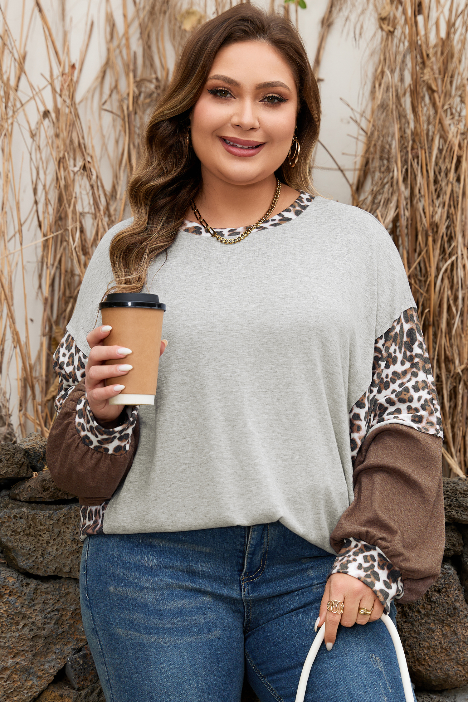 Gray Plus Size Leopard Color Block Patchwork Dolman Sweatshirt - Image 4