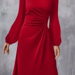 Fiery Red Solid Color Ruched Detail Long Sleeve Midi Dress