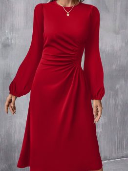 Fiery Red Solid Color Ruched Detail Long Sleeve Midi Dress