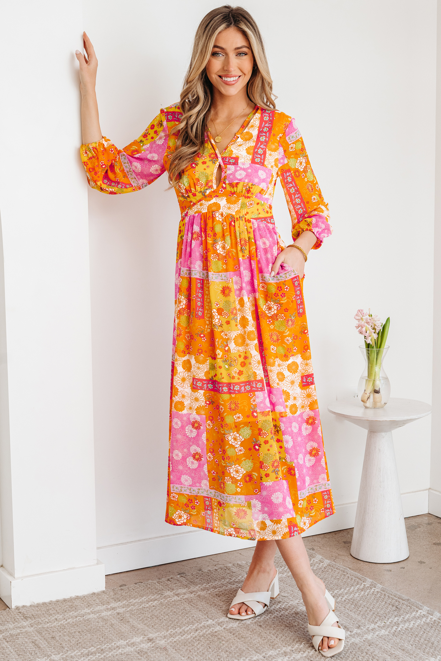 Orange Floral Patchwork Print Cut out Tied Back Bracelet Sleeve Maxi Dress - Image 8