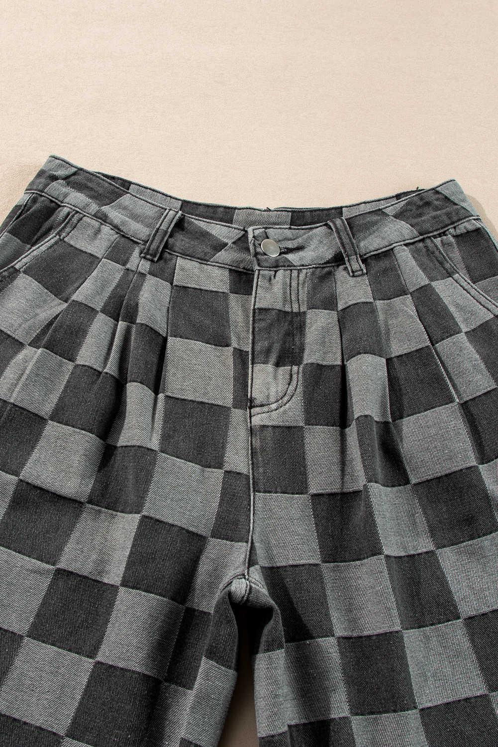 Dark Grey Checkered Denim Wide Leg Jeans - Image 5