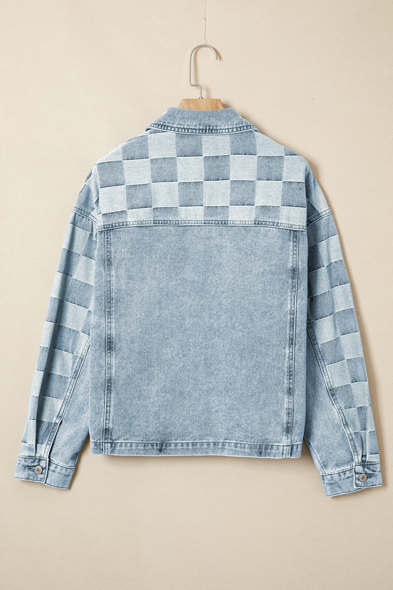Beau Blue Denim Checkered Pattern Patchwork Womens Casual Jacket - Image 5