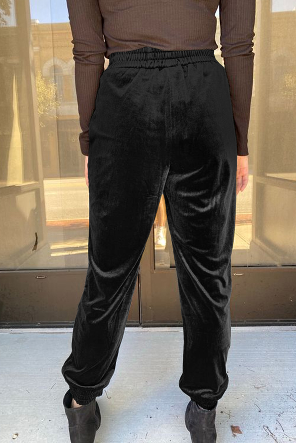 Black Solid Velvet Jogger Pants - Image 2