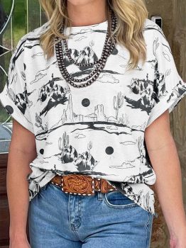 White Desert Sand Print Short Sleeve Knit Top