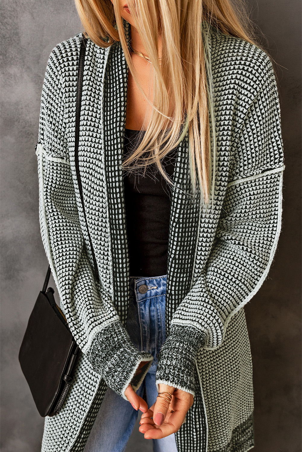 Gray Plaid Knitted Long Open Front Cardigan - Image 3