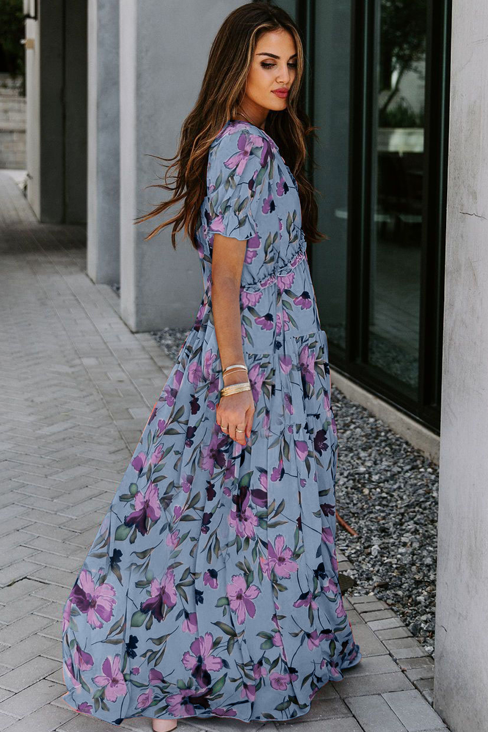 Sky Blue Fiery Floral Print Frilled V Neck Short Sleeve Maxi Dress - Image 3