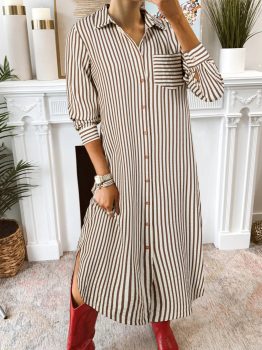 Brown Stripe Textured 3/4 Sleeve Round Hem Split Midi Shirt Dress