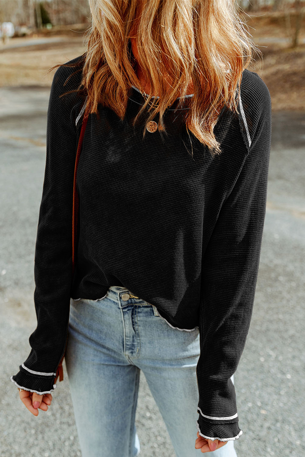 Black Textured Round Neck Long Sleeve Top - Image 3
