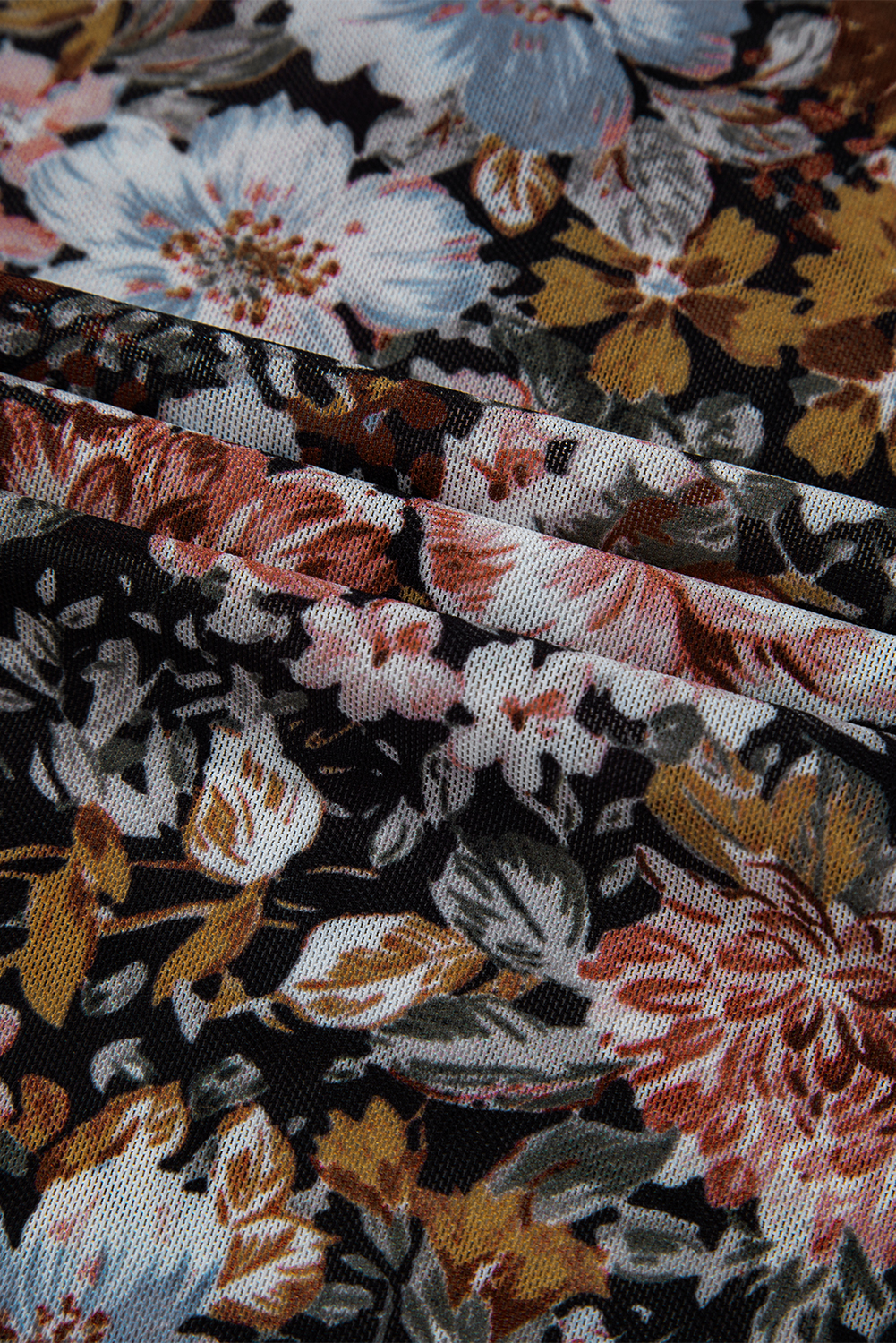 Brown Floral Long Sleeve High Neck Sheath Mesh Blouse - Image 8