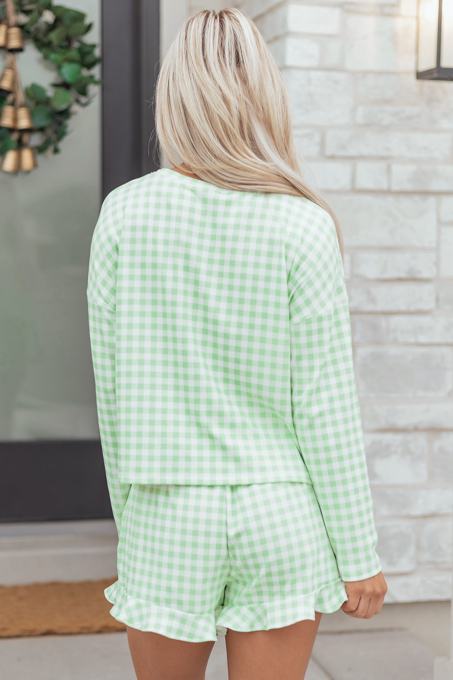 Green Gingham Long Sleeve Loose Top Drawstring Shorts 2pcs Lounge Set - Image 7