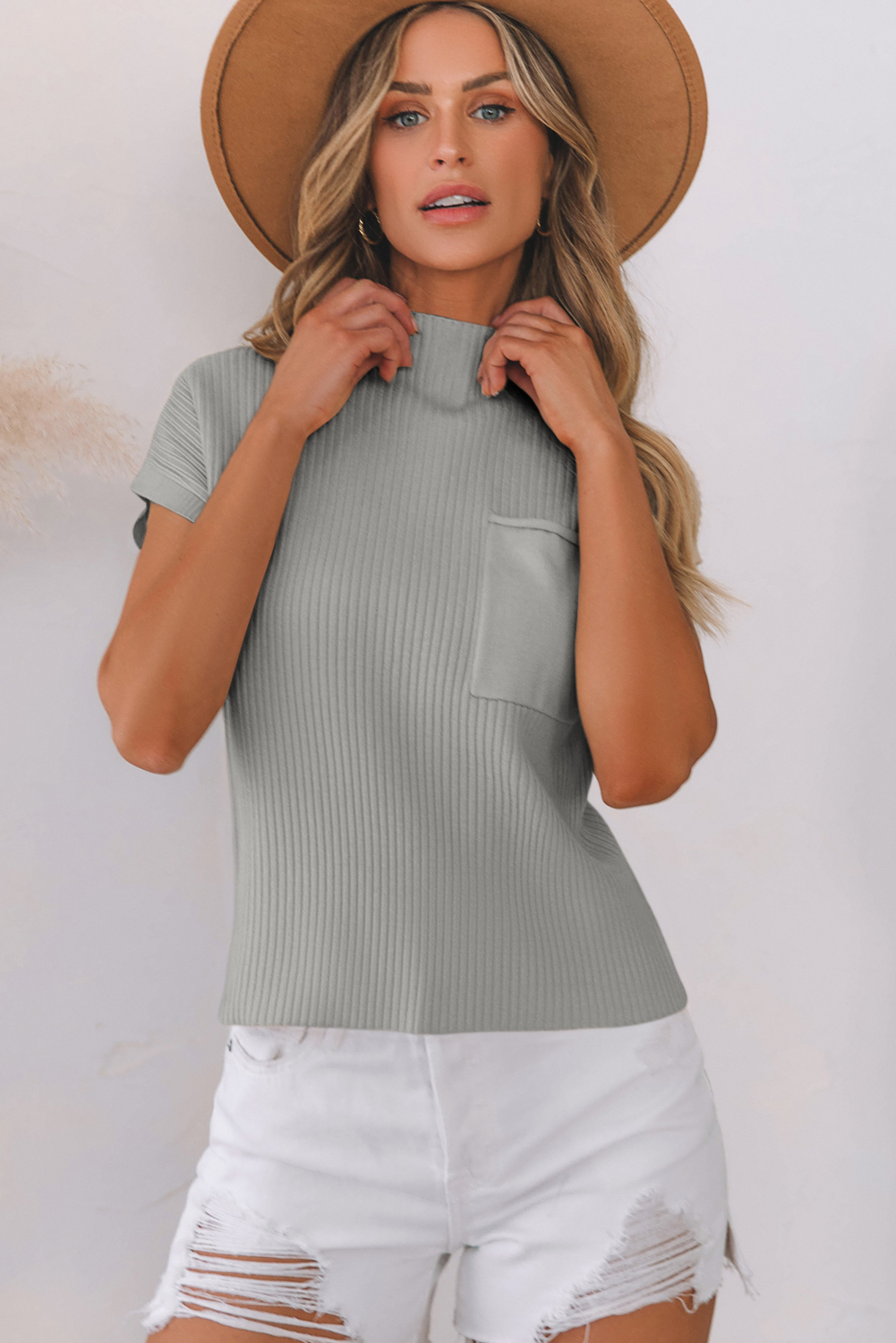 Gray Patch Pocket Ribbed Knit Short Sleeve Sweater - Image 7