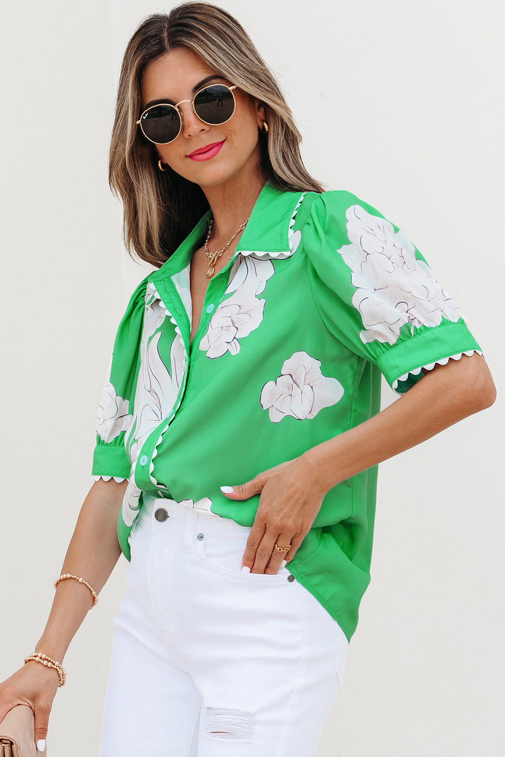 Green Floral Ric Rac Edge Puff Sleeve Button Up Summer Shirt - Image 3