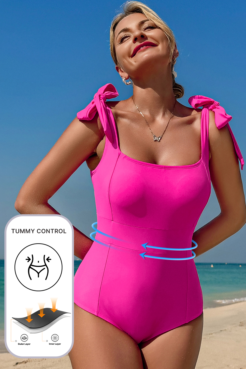 Dearlovers Rose Red Square Neck Knotted Shoulder Open Back One Piece Swimsuit - Image 4