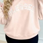 Light Pink BLESSED Embroidered Trim Patch Graphic Plus Size Mock Neck Sweatshirt