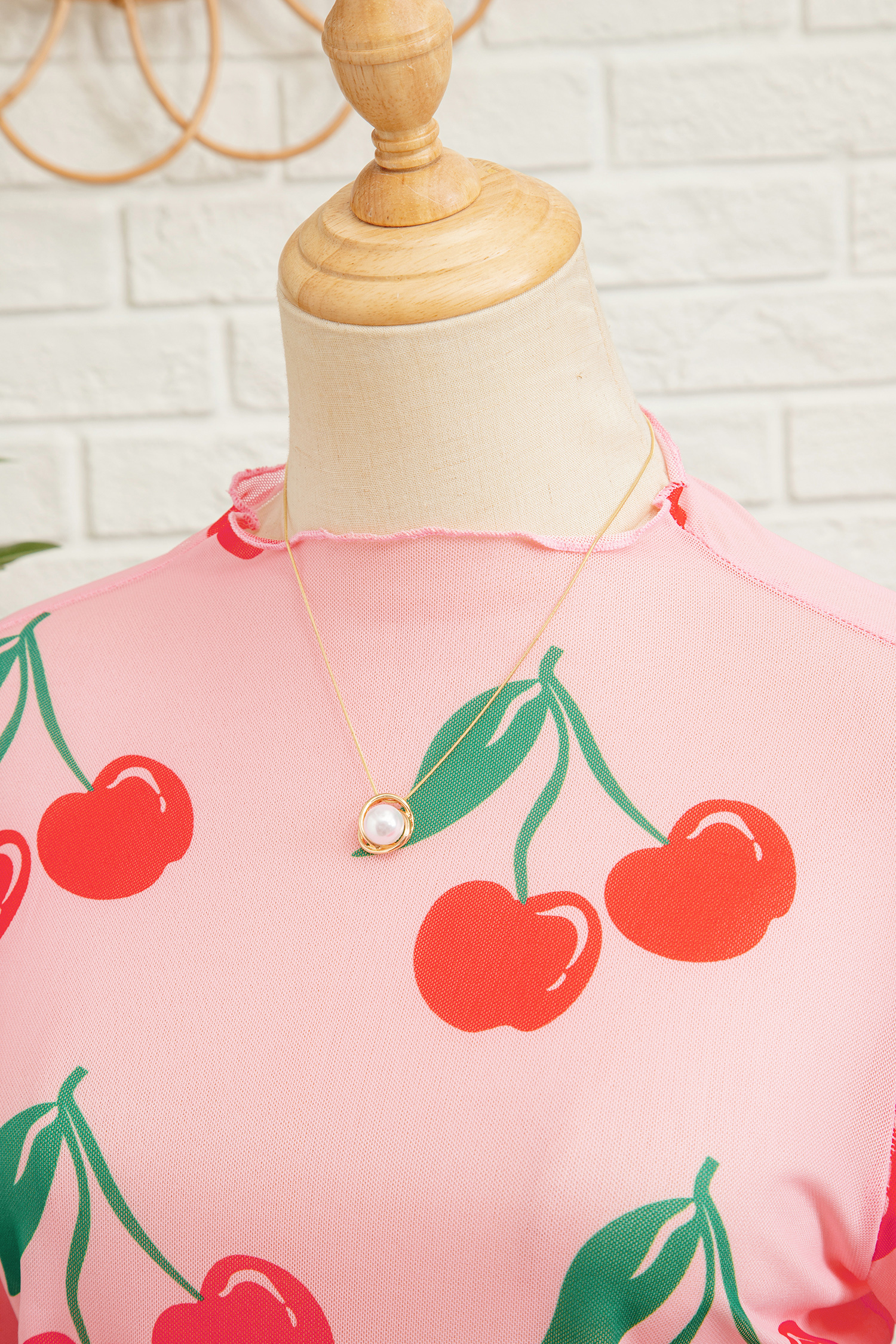 Pink Cherry Print Lettuce Trim Long Sleeve Mesh Top - Image 5