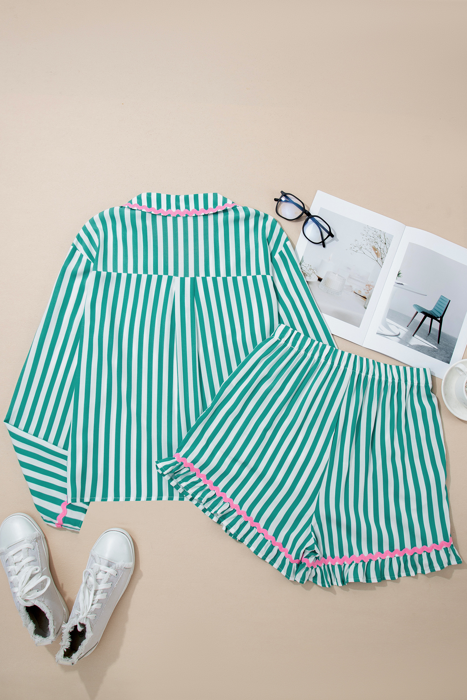 Green Stripe Contrast Ricrac Trim Long Sleeve Shirt Drawstring Ruffled Pajama Short Set - Image 7