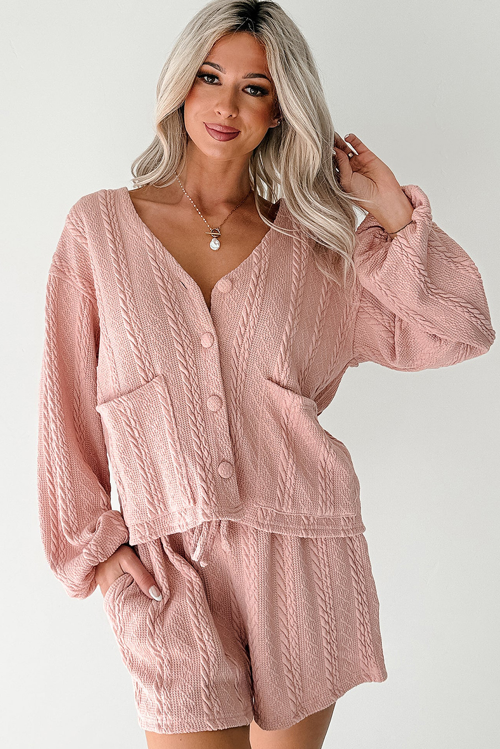 Gossamer Pink Cable Knit V Neck Cardigan Shorts Set - Image 8