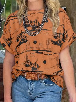 Chestnut Desert Sand Print Short Sleeve Knit Top