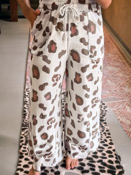 Beige Drawstring Leopard Print Patch Pocket Loose Pants