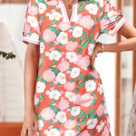 Fresh Salmon Floral Print Contrast Striped Trim Polo Collar T Shirt Dress
