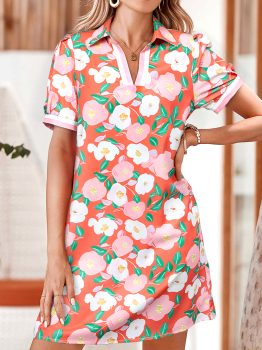 Fresh Salmon Floral Print Contrast Striped Trim Polo Collar T Shirt Dress