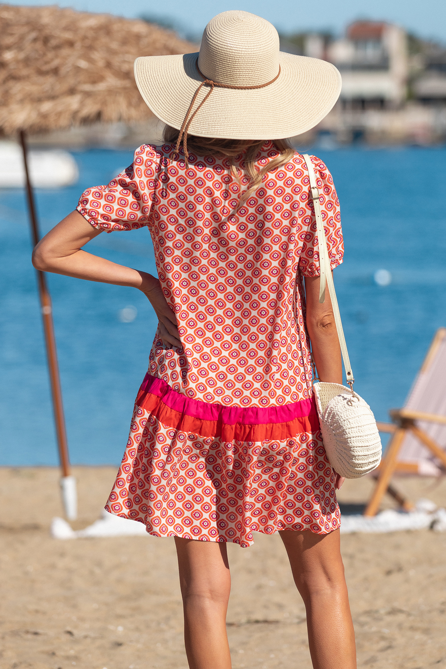 Orange Geometric Floral Print Color Block Trim Button Front Ruffle Hem Dress - Image 4
