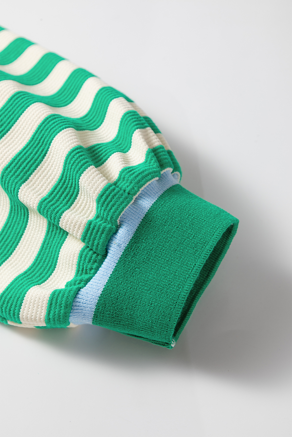 Green Striped Contrast Collar Split Neck Long Sleeve Mini Dress - Image 8