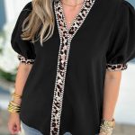 Black V Neck Short Puff Sleeve Contrast Striped Leopard Trim Button Down Shirt